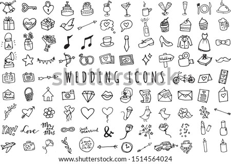 Hand Drawn Wedding & Marriage Icons Set - Full Color Sketched Illustrations Collection in Black & White