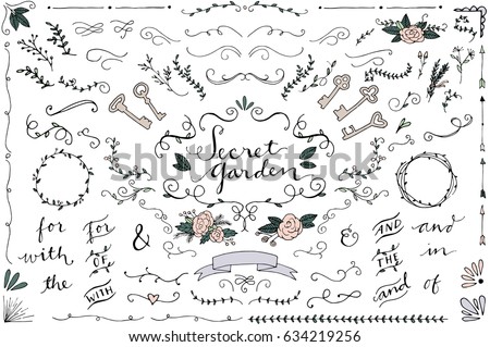 Secret Garden Wedding Clip Art - Hand Drawn Vintage Wedding Ornaments and Curls, Skeleton Keys and Flowers