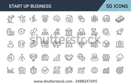 Startup icon set. Business icon set. Global Business, leadership, team, meeting, partner, startup, trade, company, management, profit and strategy icons. 