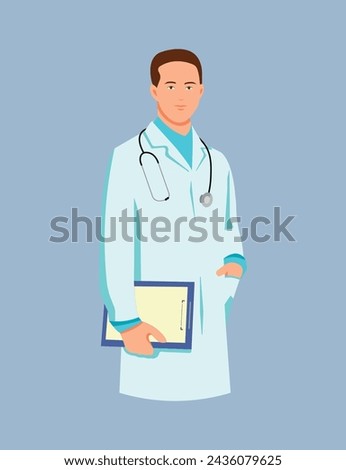 A male doctor in a white coat with a stethoscope and a round sheet, notes. The doctor will do his job. Medical worker illustration in flat style. Good doctor. EPS10
