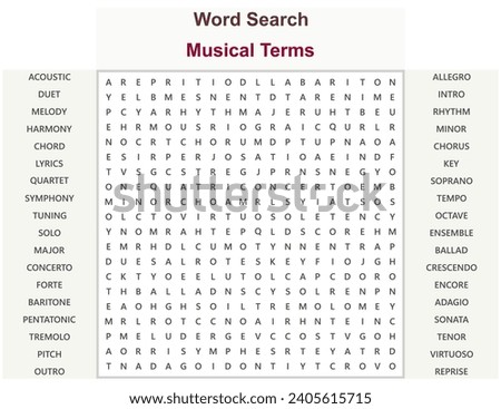 Word search puzzle vector (Word find game) illustration. Musical Terms.