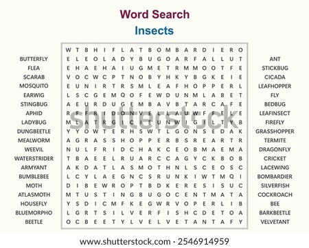 Word search puzzle vector (Word find game) illustration. Insects