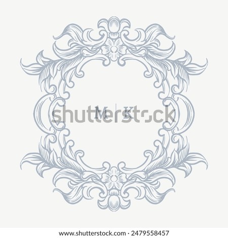 Wedding monogram crest design with MK initial surrounded by baroque style intricate motifs