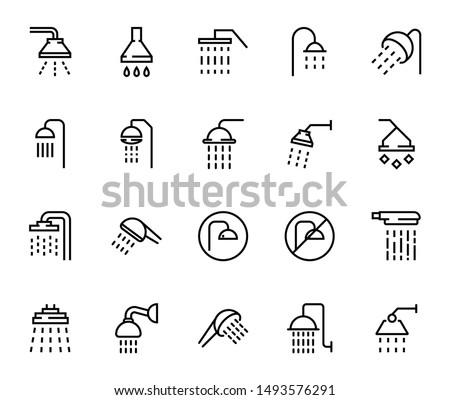 Line shower icon set isolated on white background. Outline bathroom symbols for website design, mobile application, ui. Collection of shower pictogram. Vector illustration, editable strok. Eps10