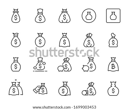 Line money bag icon set isolated on white background. Outline money symbols for website design, mobile application, ui. Collection of bag pictogram. Vector illustration, editable strok. Eps10