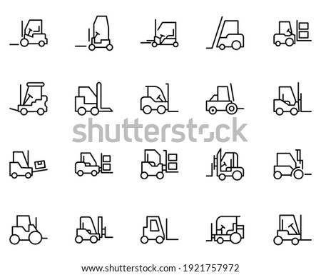 Forklift set line icons in flat design with elements for web site design and mobile apps.  Collection modern infographic logo and symbol. Forklift vector line pictogram
