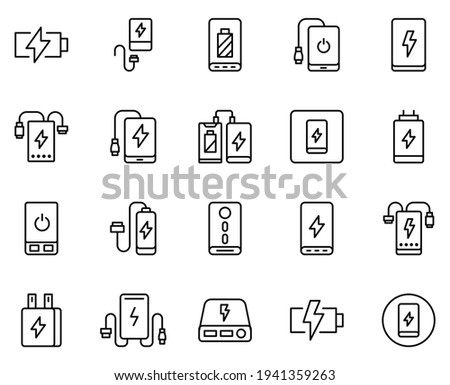 Line powerbank icon set isolated on white background. Outline electronics symbols for website design, mobile application, ui. Collection of device pictogram. Vector illustration, editable strok. Eps10