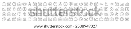 Collection of Business Related Line Icons. Editable Stroke for Design, Web Sites, Apps, Cards. Contains Linear Images of Briefcase, Clock, Startup, Analyzing, Management