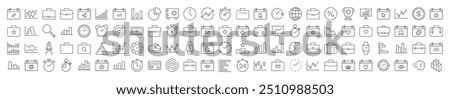 Business Line Icon Pack. Modern Collection for Design, Web Sites, Apps, Cards. Contains Linear Images of Briefcase, Clock, Startup, Analyzing, Management