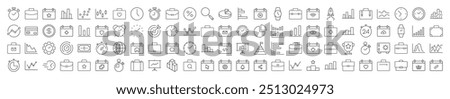 Briefcase, Clock, Startup, Analyzing, Management Thin Line Icon Set. Editable Stroke. Suitable for Banners, Cards, Social Networks, Apps