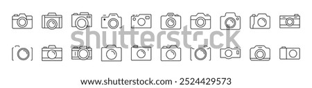 Photo Camera Outline Web Line Icons Collection. Editable Stroke. Minimalistic Linear Pictogram for Design of Cards, Apps, Banners, Posts