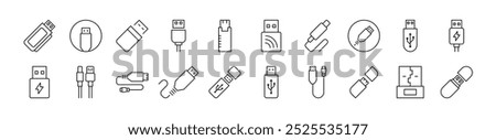 Pack of Line Icons of USB Cable. Editable Stroke. Minimalistic Linear Pictogram for Design of Cards, Apps, Banners, Posts