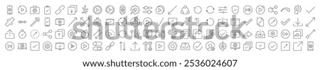 Arrows, Share, Check, Turn, Download, Settings Related Line Icons for Web Sites, Books, Cards, Apps. Editable Stroke. Suitable for Web Sites, Books, Cards, Apps