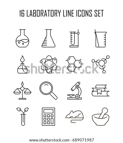 Laboratory icon set. Collection of science thin line icons. 16 high quality outline logo of lab on white background. Pack of symbols for design website, mobile app, printed material, etc.