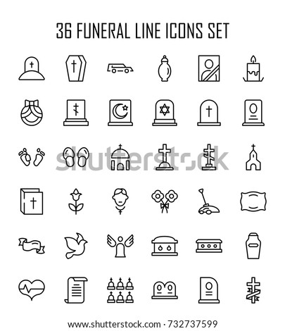 Funeral icon set. Collection of high quality outline Burial pictograms in modern flat style. Black angel, coffin, deth, grave  logo for web design and mobile app on white background.