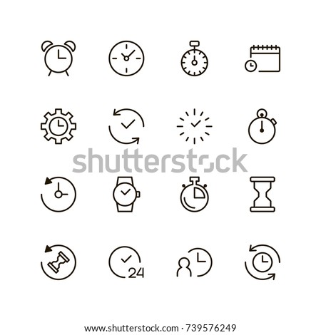 Clock icon set. Collection of high quality outline time pictograms in modern flat style. Black timer symbol for web design and mobile app on white background. Stopwatch line logo.