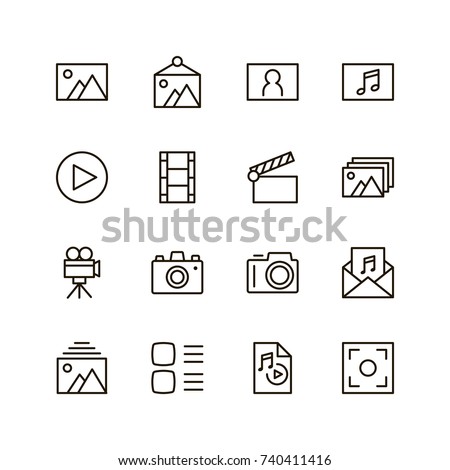 Gallery icon set. Collection of high quality outline menu pictograms in modern flat style. Black information symbol for web design and mobile app on white background. Multimedia line logo.