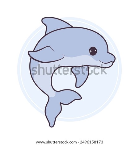 Cute dolphin vector. Hand drawn fish illustration. Outline dolphin isolated on white background. White and blue happy dolphin. Cartoon animal. Cute design for t-shirt. Anime style dolphin.