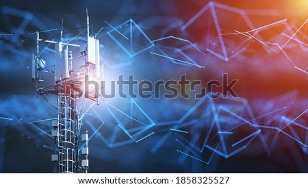 4G and 5G cellular telecommunication tower. Telecommunication equipment for a 5G radio network with radio modules and smart antennas installed 