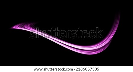 Abstract light lines of movement and speed with purple color sparkles. Light everyday glowing effect. semicircular wave, light trail curve swirl, car headlights, incandescent optical fiber png.
