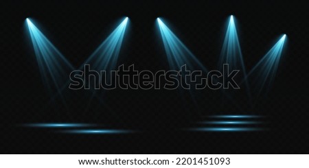 Set of vector spotlights. various forms of light, blue color. stage projector. Stage background, American spotlight beam. Light effects. Previous illustration.
