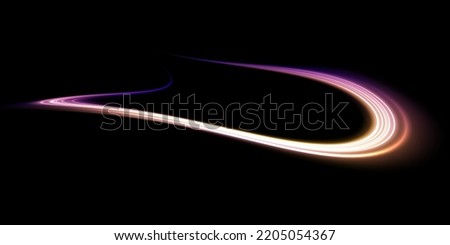 Abstract light lines of movement and speed with white color glitters. Light everyday glowing effect. semicircular wave, light trail curve swirl, car headlights, incandescent optical fiber.
