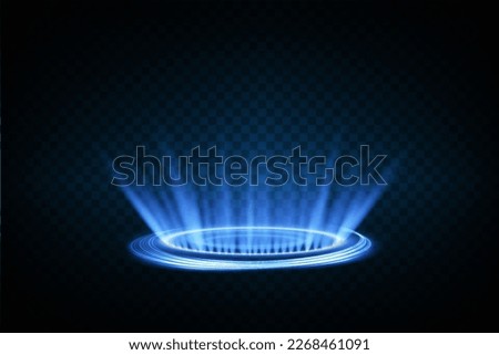 Magic fantasy portal. Futuristic teleport. Light effect. Blue rays of a night scene with sparks on a transparent background. Vector
