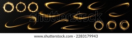 Set of abstract light lines of movement and speed in gold color. Light everyday glowing effect. semi-circular wave, light trail curve swirl, car headlights, incandescent optical fiber
