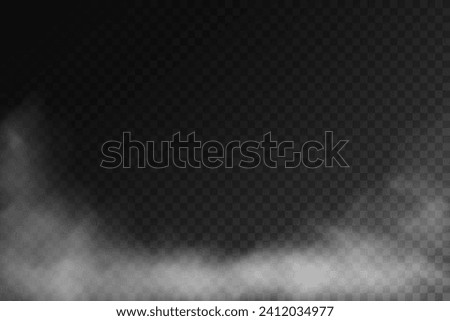 Fog or smoke, white smog clouds on floor, isolated transparent special effect. Vector illustration, morning fog over land or water surface,
magic haze.