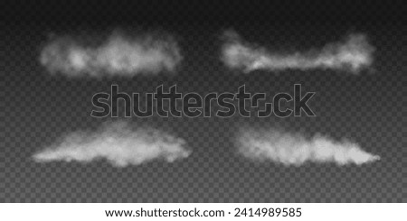 Fog or smoke, white smog clouds on floor, isolated transparent special effect. Vector illustration, morning fog over land or water surface, magic haze.	