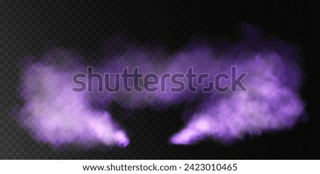 Fog or smoke, purple smog clouds on floor, isolated transparent special effect. Vector illustration, morning fog over land or water surface, magic haze.