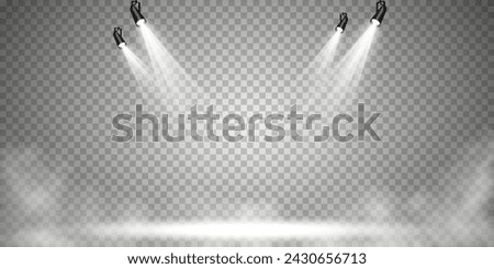 Stage with directional light on transparent background, white light, empty stage and studio room with floating smoke. For product demonstrations.	