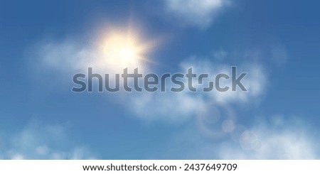 Sun flare on blue sky with white cumulus clouds, lens flare light effect, natural clouds of summer or spring weather, background with illustration of perfect weather on hot bright day.	