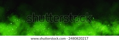 Fantastic smoke background. Magic smoke with glitter and small particles of twinkling stars, fog with glowing particles, green vapor with stardust. Vector illustration.	