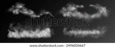 Fog or smoke, white smog clouds on floor, isolated transparent special effect. Vector illustration, morning fog over land or water surface, magic haze.	