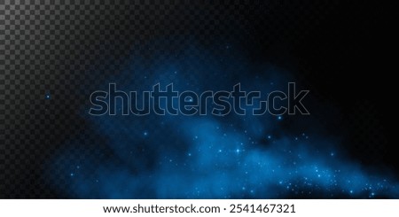 Fantastic smoke background. Magic smoke with glitter and small particles of twinkling stars, fog with luminous particles, blue vapor with stardust. Vector illustration.
