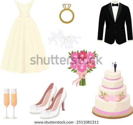  Set of wedding accessories, decorations. Cake with flowers,  bouquet, and groom, bride dolls, engagement ring, dress, suit, glasses of champagne, bridesmaid shoes. Vector illustration