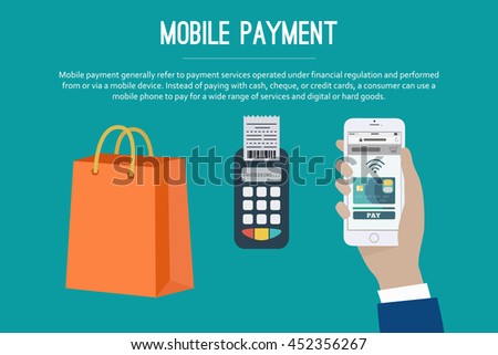 Mobile payment web banner. Paying with NFC technology on mobile phone. Set of mobile payment elements, flat design. Vector illustration.