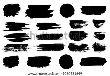 Vector black paint brush spots, highlighter lines or felt-tip pen marker horizontal blobs. Marker pen or brushstrokes and dashes. Ink smudge abstract shape stains and smear set with texture