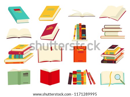 Icons of books vector set in a flat design style. Books in a stack, open, in a group, closed, on the shelf. Reading, learn and receive education through books