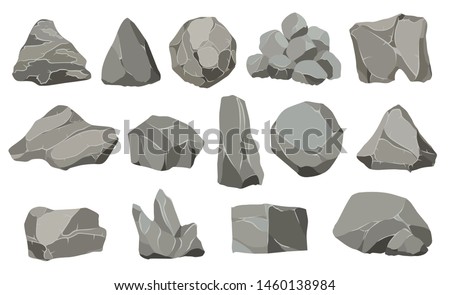 Rock stones. Graphite stone, coal and rocks pile for wall or mountain pebble. Gravel pebbles, gray stone heap cartoon isolated vector icons illustration set.