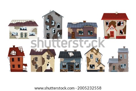 Old weathered houses and dwellings collection. Abandoned home in bad condition. Bad old trouble buildings with damaged roof, shabby walls and exteriors. Set of isolated neglected property