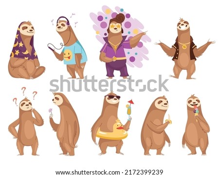Sloth character. Cute cartoon sloth-bear character set. Funny lazy animal hand drawn clip art illustration. Jungle rainforest sloths. Tropical mammals or adorable sloths
