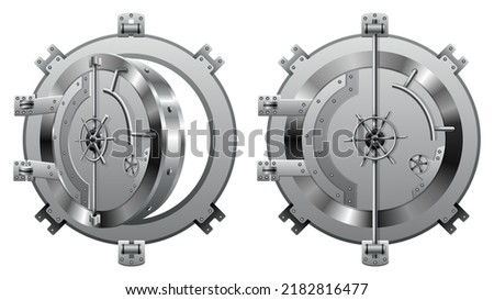 Bank vault door set. Metal steel round gate open and close, isolated mechanism with welds and rivets. Huge metal round safe doosr. Gates mechanism