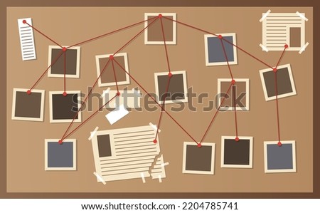 Detective office interior element. Wall board, wits and deduction system. Crime and criminal evidence. Vector flat style cartoon illustration isolated on white background