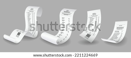 Payment check and receipts with shadows. Set of curved financial paper, purchase invoice. Buying, bill or calculate pay. Receipt the seller forms