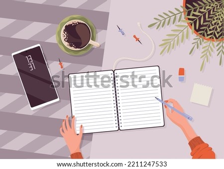 Top view workplace organization mockup. Work desk with office stuff for design. Top view on notebook, smartphone, coffee cup, pins, pencil, eraser and flowerpot. Template of home office supplies