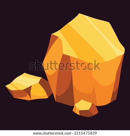 Gold mine nuggets. Precious ore mining object. Golden game UI stone kit, cartoon treasure amber rock isolated on black. Vector icon of polygon boulder, yellow metal