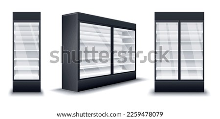 Commercial fridges. Realistic empty refrigerators set. Supermarket commercial freezer equipment. Freeze appliances for drinks and food