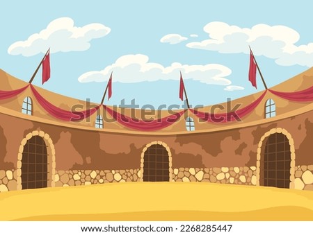 Gladiator fighting. Empty battle arena. Ancient history combat show for audience. Vector isolated illustration